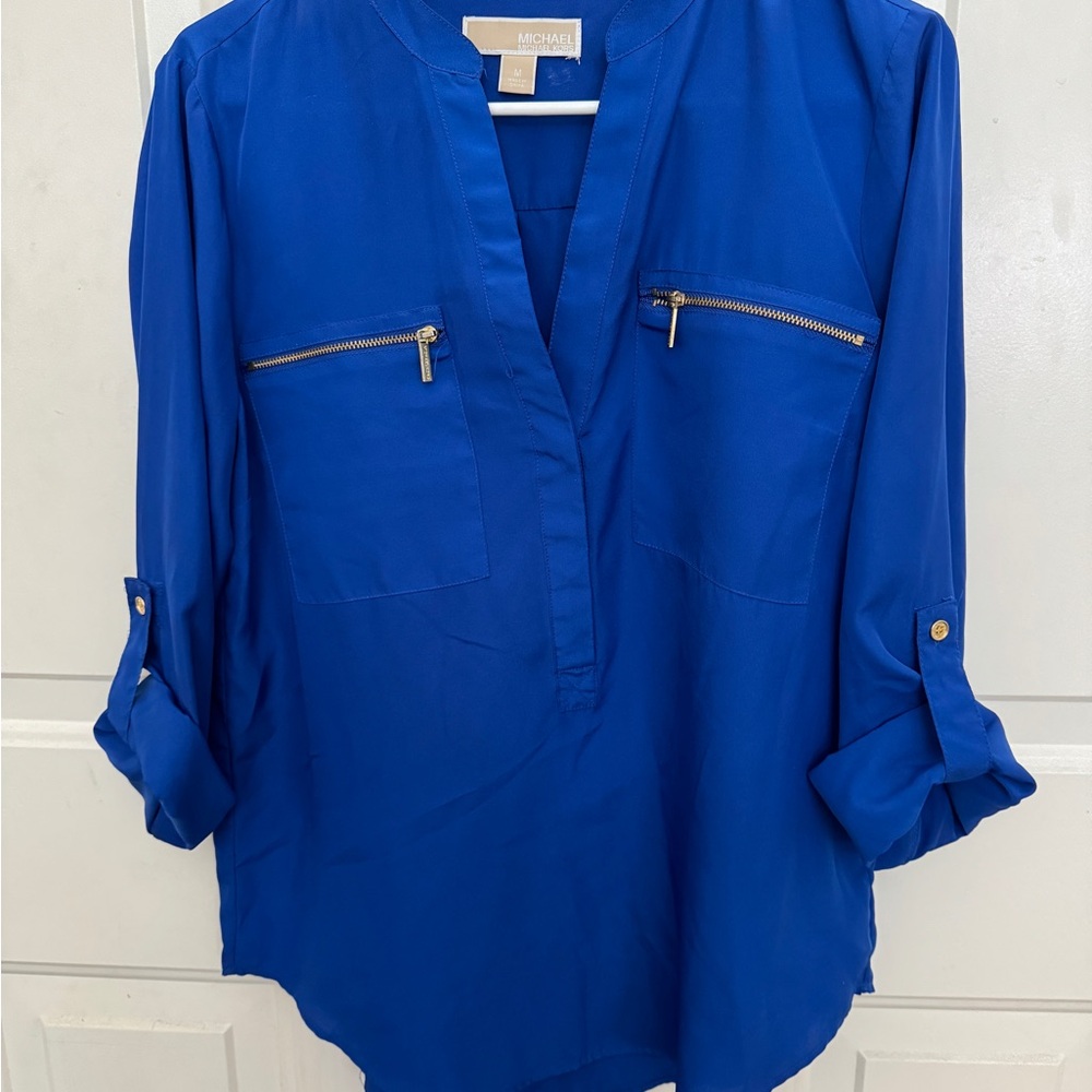 Michael Kors Blue Blouse with Mandarin Collar and Zipper Accents